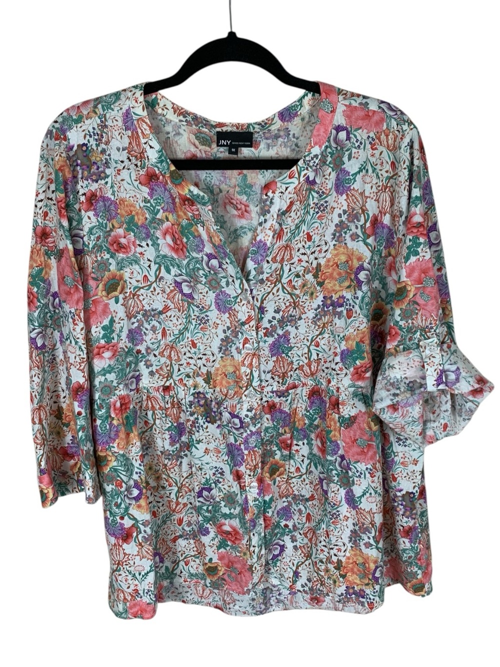 Women's Jones New York Floral Linen Blend 3/4 Sleeve Button Up Shirt Size 1X